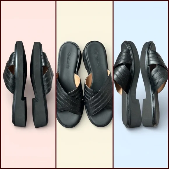 Madewell NWOB Louisa Sandals 11 US Black Leather Crisscross Slide Slip On Flat - Picture 1 of 5